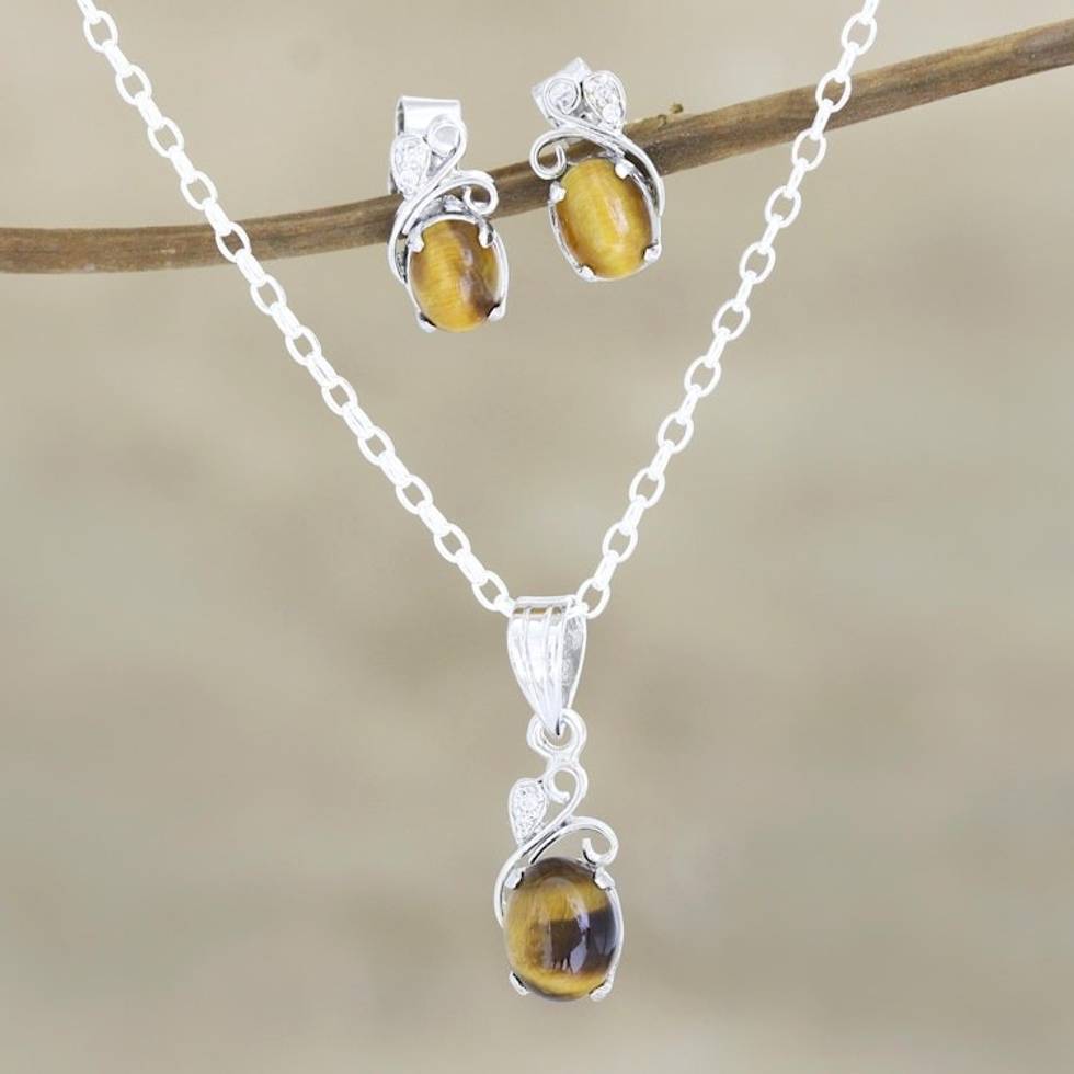 Rhodium-Plated Tiger's Eye and Cubic Zirconia Jewelry Set 'Peppy in Brown'