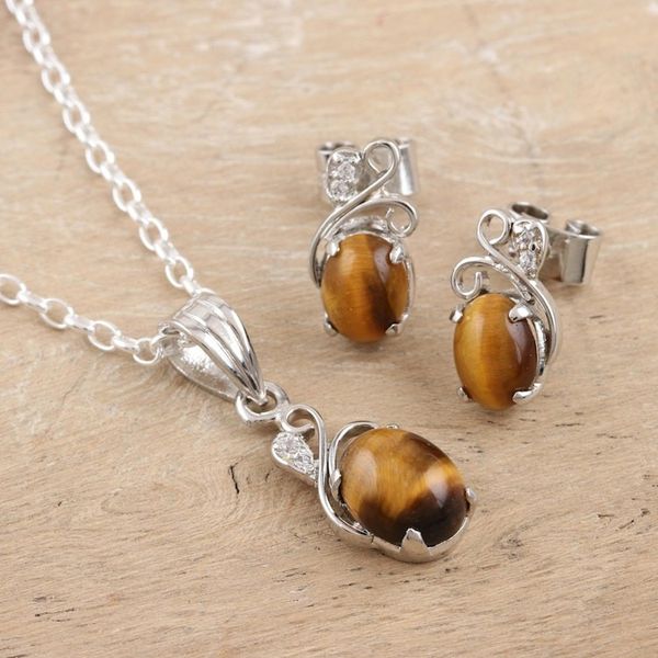 Alternate image for Rhodium-Plated Tigers Eye and Cubic Zirconia Jewelry Set Peppy in Brown