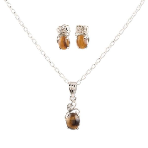 Alternate image for Rhodium-Plated Tigers Eye and Cubic Zirconia Jewelry Set Peppy in Brown