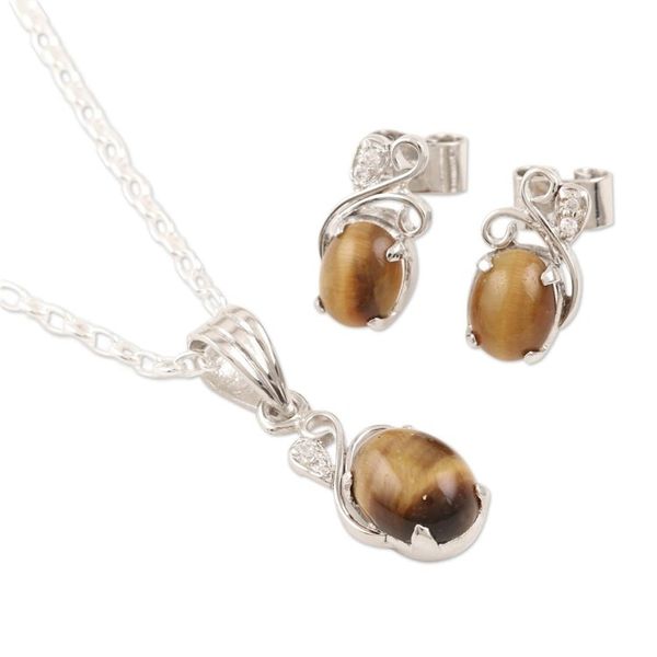 Alternate image for Rhodium-Plated Tigers Eye and Cubic Zirconia Jewelry Set Peppy in Brown