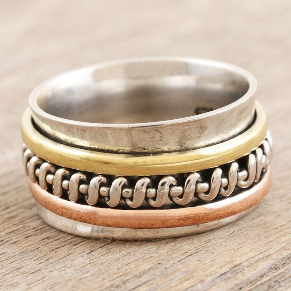 Sterling Silver Brass and Copper Meditation Spinner Ring 'Knotted Delight'