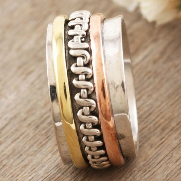 Alternate image for Sterling Silver Brass and Copper Meditation Spinner Ring Knotted Delight