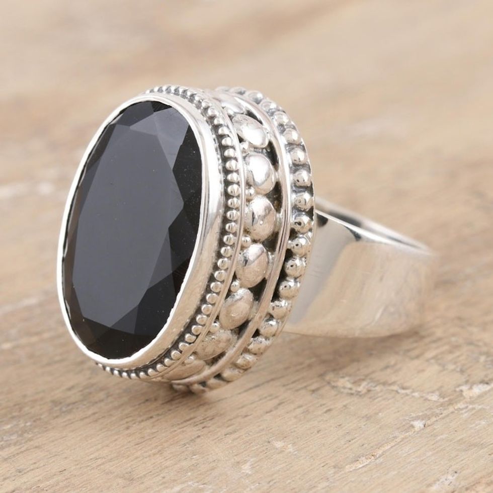 Unisex Sterling Silver and Onyx Cocktail Ring 'Midnight Gloss'