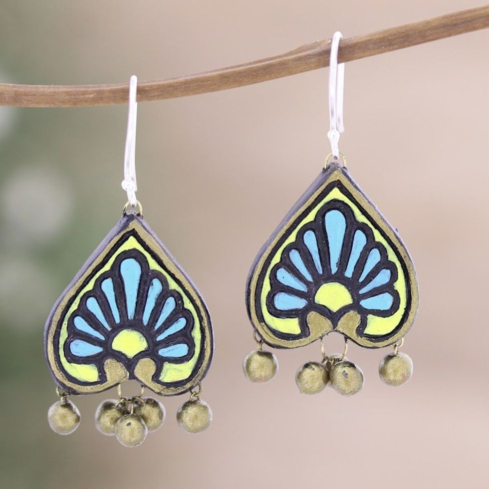 Ceramic Peacock Dangle Earrings with Hand-Painted Details 'Peacock Plumage'