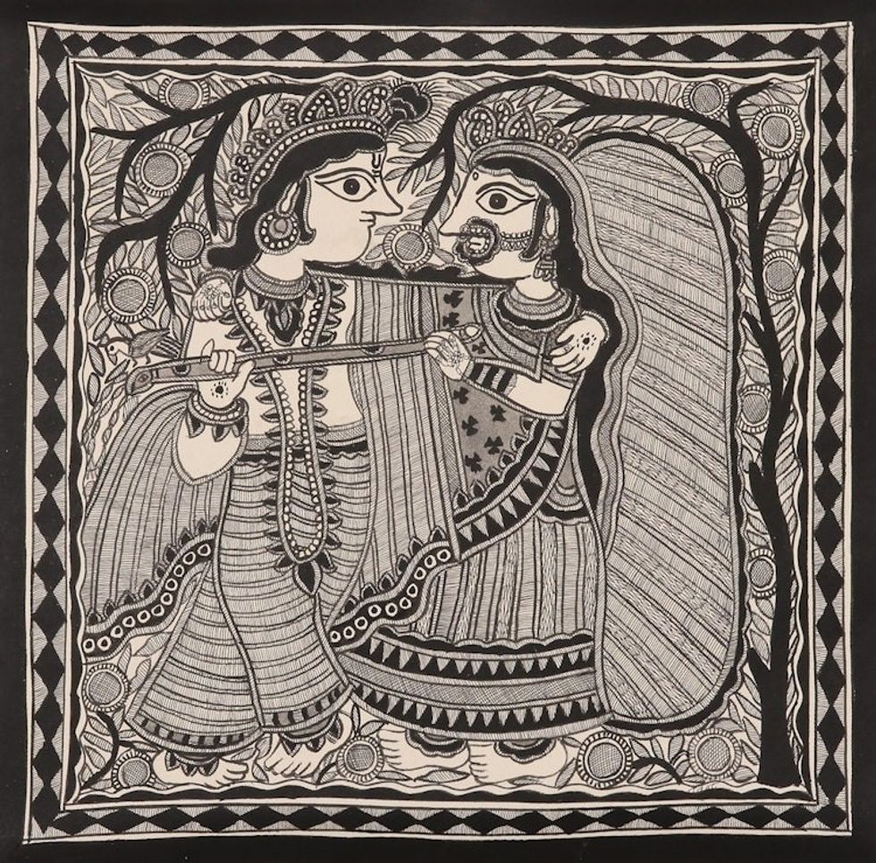 Madhubani Krishna Painting on Handmade Paper 'Radha and Krishna's Love'