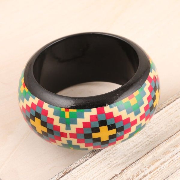 Alternate image for Haldu Wood Bangle Bracelet with Colorful Printed Pattern Checkered Stars