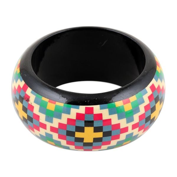 Alternate image for Haldu Wood Bangle Bracelet with Colorful Printed Pattern Checkered Stars