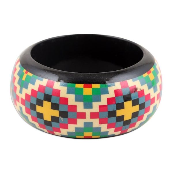 Alternate image for Haldu Wood Bangle Bracelet with Colorful Printed Pattern Checkered Stars
