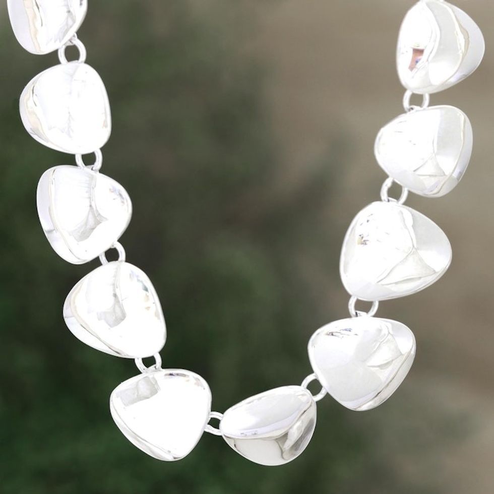 Handmade Sterling Silver Link Necklace from India 'Sparkling Triangles'