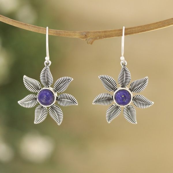 Alternate image for Sterling Silver Dangle Earrings with Lapis Lazuli Stones Royal Leafy Blossom