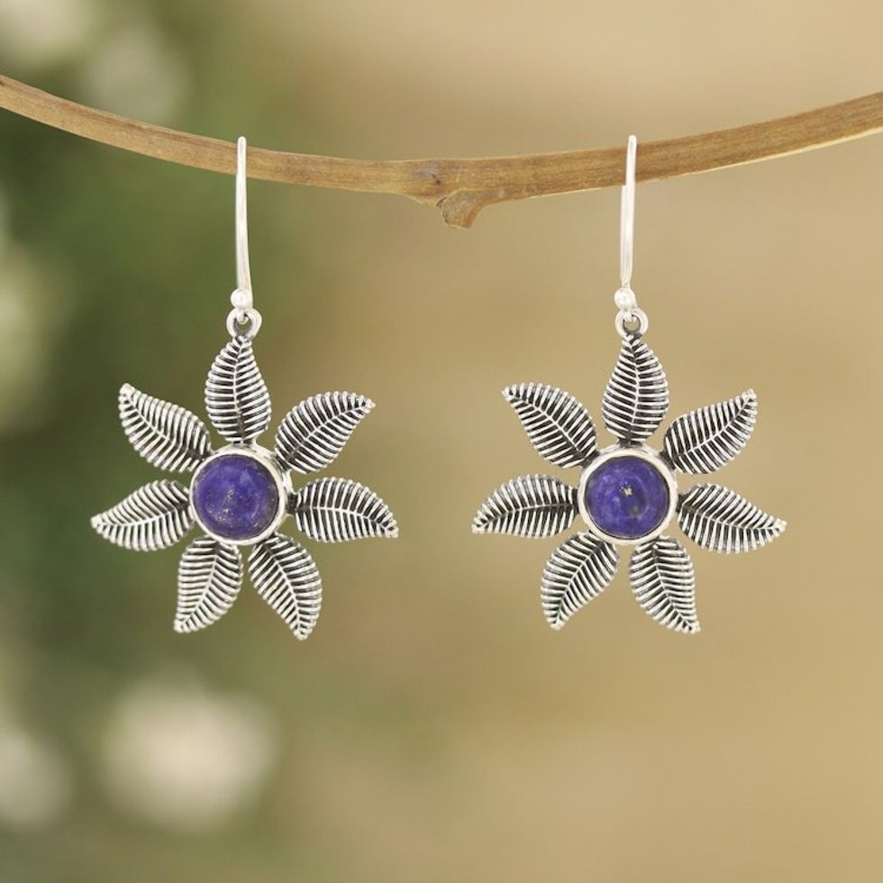 Sterling Silver Dangle Earrings with Lapis Lazuli Stones 'Royal Leafy Blossom'