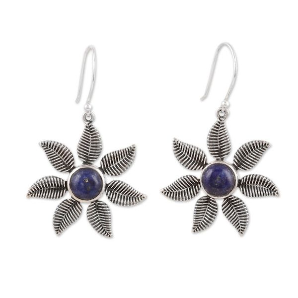 Alternate image for Sterling Silver Dangle Earrings with Lapis Lazuli Stones Royal Leafy Blossom