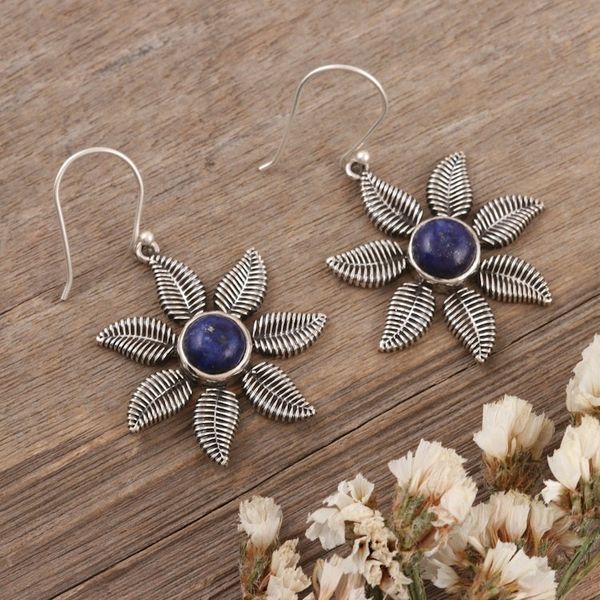 Alternate image for Sterling Silver Dangle Earrings with Lapis Lazuli Stones Royal Leafy Blossom