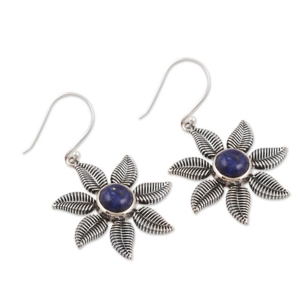 Alternate image for Sterling Silver Dangle Earrings with Lapis Lazuli Stones Royal Leafy Blossom