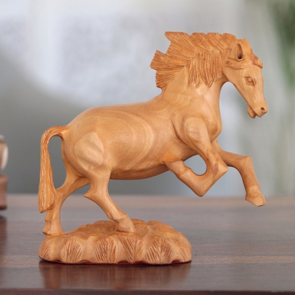 Indian Kadam Wood Sculpture with Horse Motif 'Wild Ride'