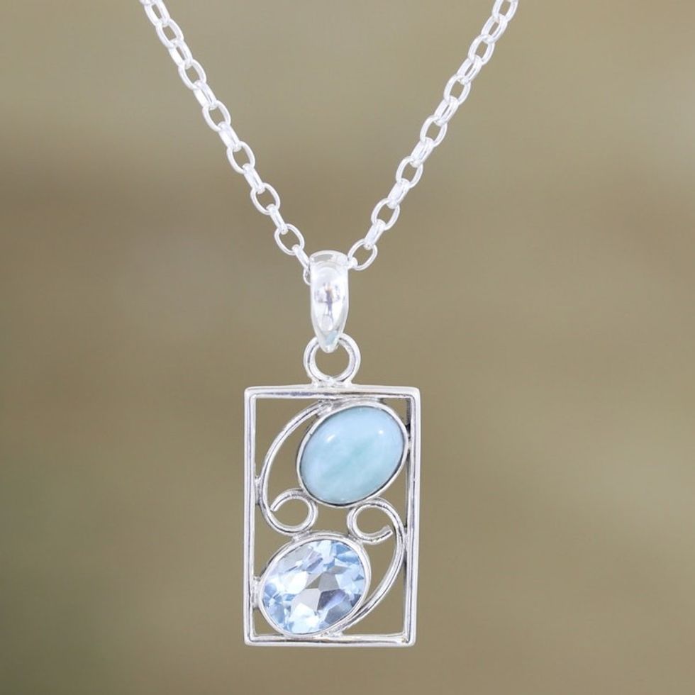 Larimar and Blue Topaz Pendant Necklace from India 'Sweet Companions'