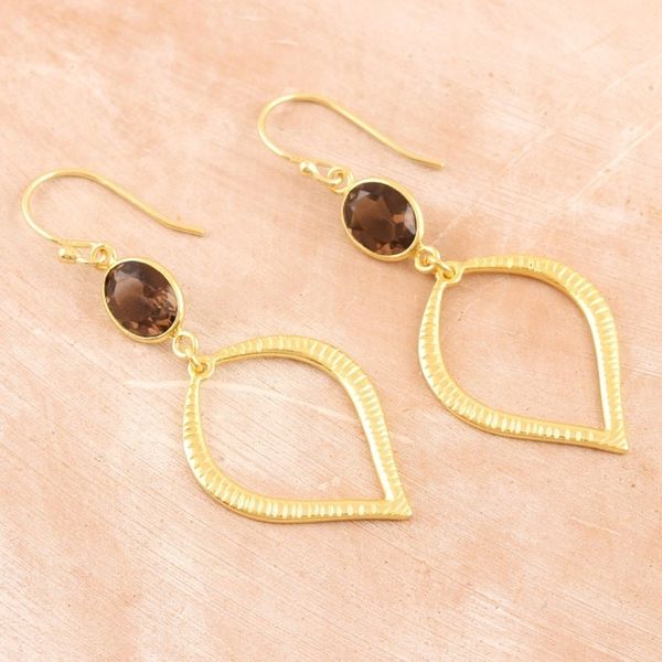 Alternate image for Handcrafted 22k Earrings with Smoky Quartz Glittering Petal