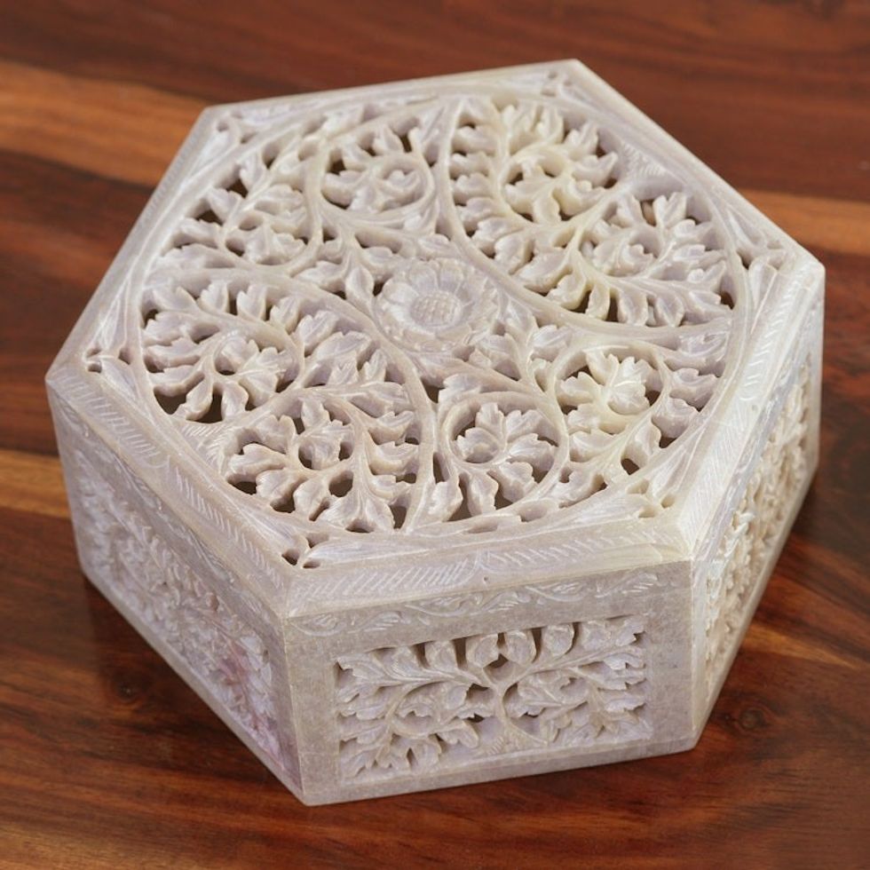 Handcrafted Leaf Motif Soapstone Jewelry Box from India 'Jali Forest'