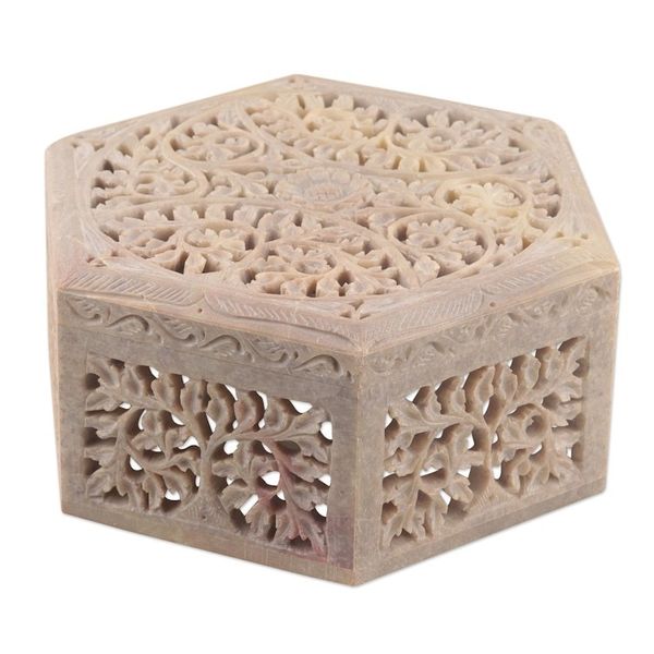 Alternate image for Handcrafted Leaf Motif Soapstone Jewelry Box from India Jali Forest