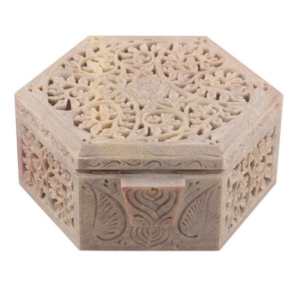 Alternate image for Handcrafted Leaf Motif Soapstone Jewelry Box from India Jali Forest