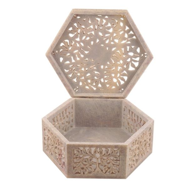 Alternate image for Handcrafted Leaf Motif Soapstone Jewelry Box from India Jali Forest