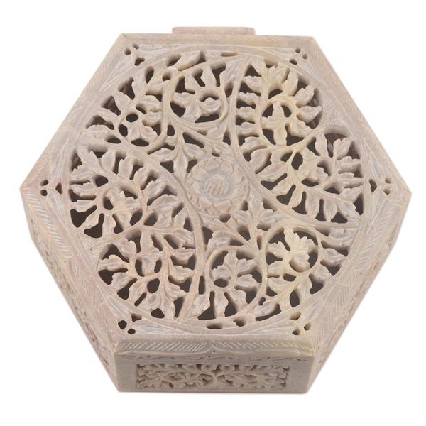 Alternate image for Handcrafted Leaf Motif Soapstone Jewelry Box from India Jali Forest