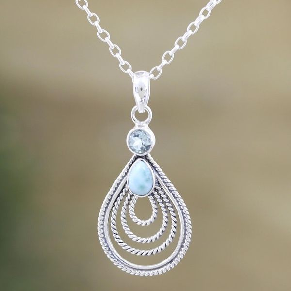 Alternate image for Artisan Crafted Larimar and Blue Topaz Pendant Necklace Radiate in Blue