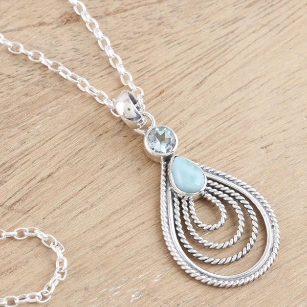 Alternate image for Artisan Crafted Larimar and Blue Topaz Pendant Necklace Radiate in Blue