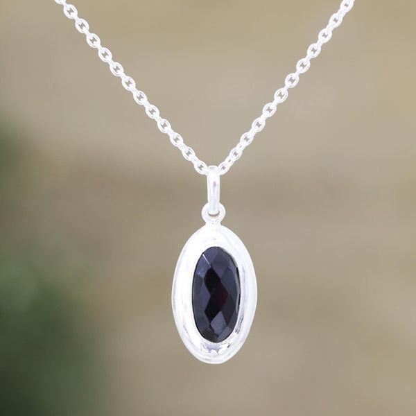 Alternate image for Hand Made Black Onyx and Sterling Silver Pendant Necklace Liquid Mirror in Black