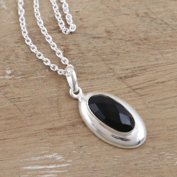 Alternate image for Hand Made Black Onyx and Sterling Silver Pendant Necklace Liquid Mirror in Black