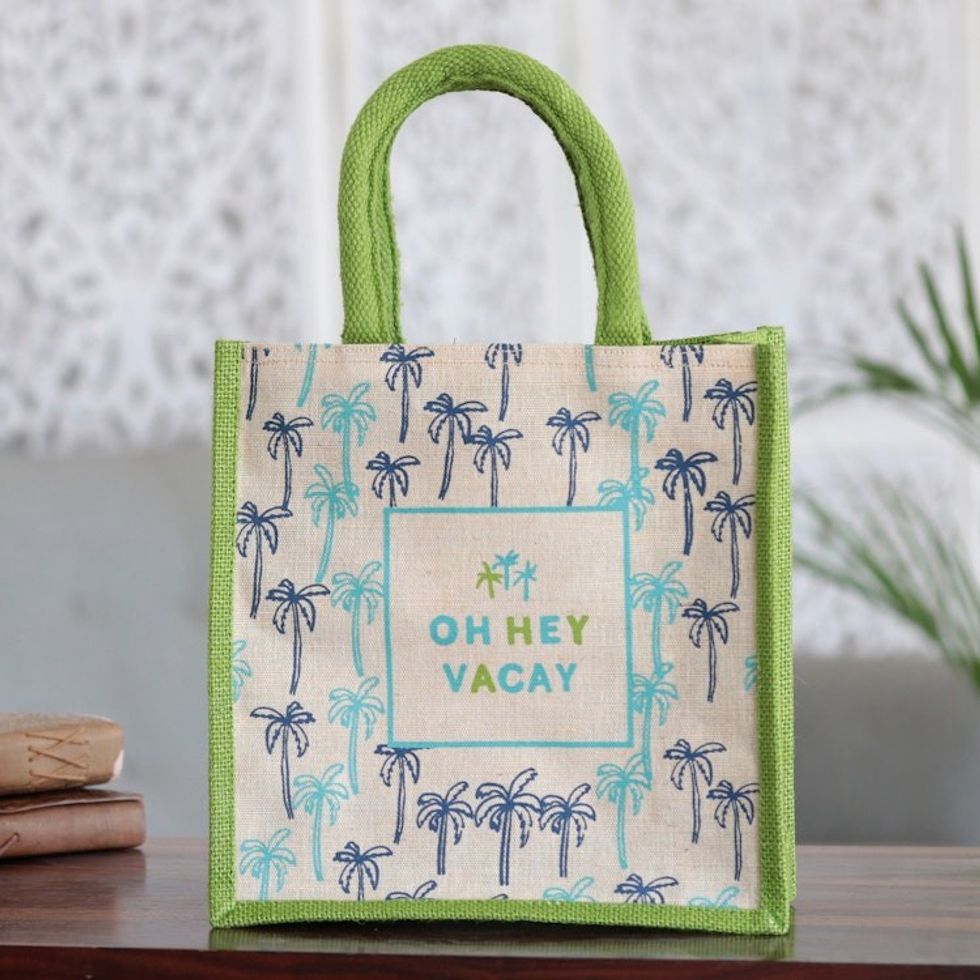 Jute and Cotton Blend Tote Bag Hand Crafted in India 'Oh Hey Vacay'