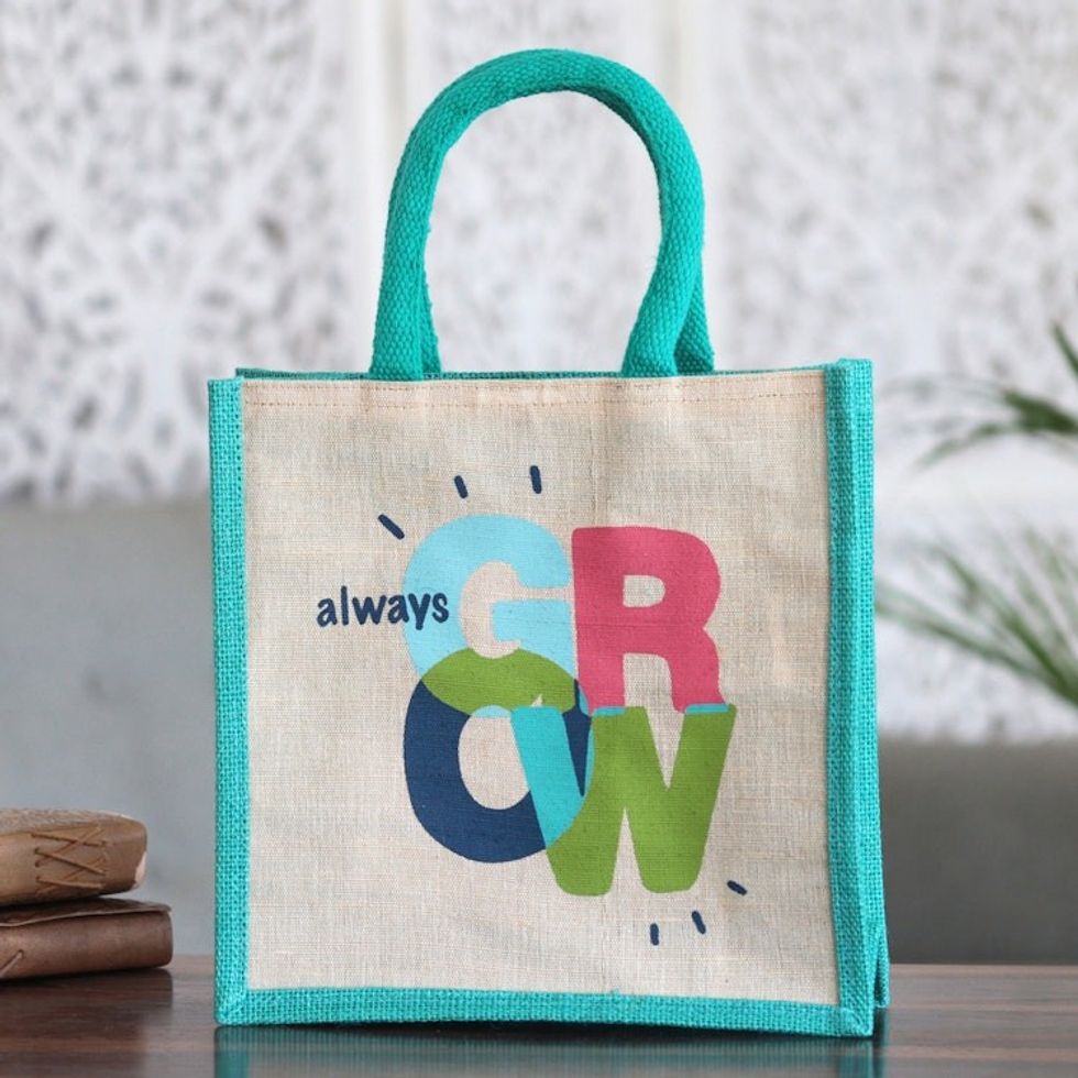 Jute and Cotton Blend Tote Bag Hand Crafted in India 'Always Grow'