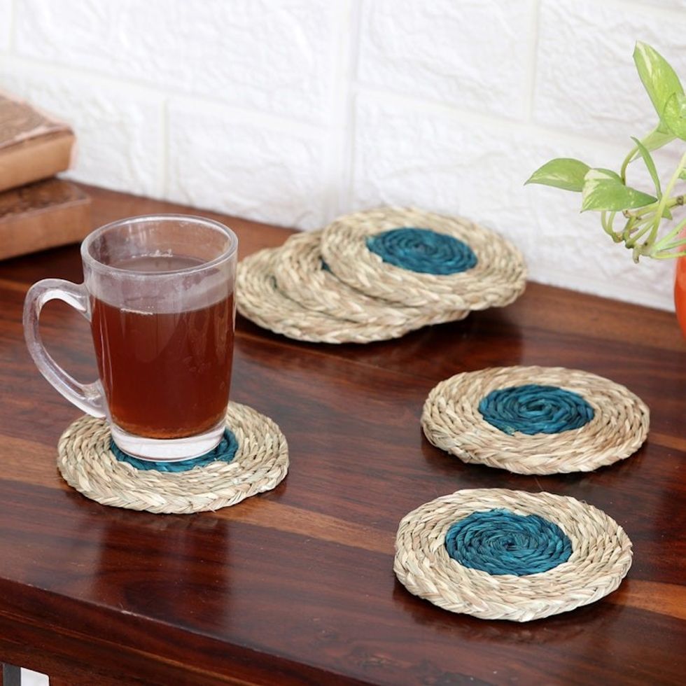 Set of 6 Handcrafted Natural Fiber Coasters in Turquoise 'Turquoise Aura'