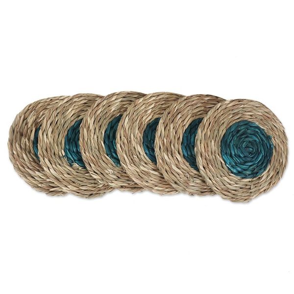Alternate image for Set of 6 Handcrafted Natural Fiber Coasters in Turquoise Turquoise Aura