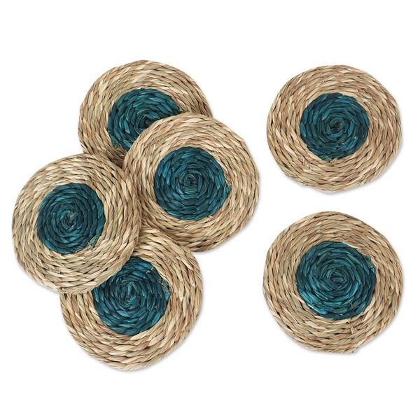 Alternate image for Set of 6 Handcrafted Natural Fiber Coasters in Turquoise Turquoise Aura