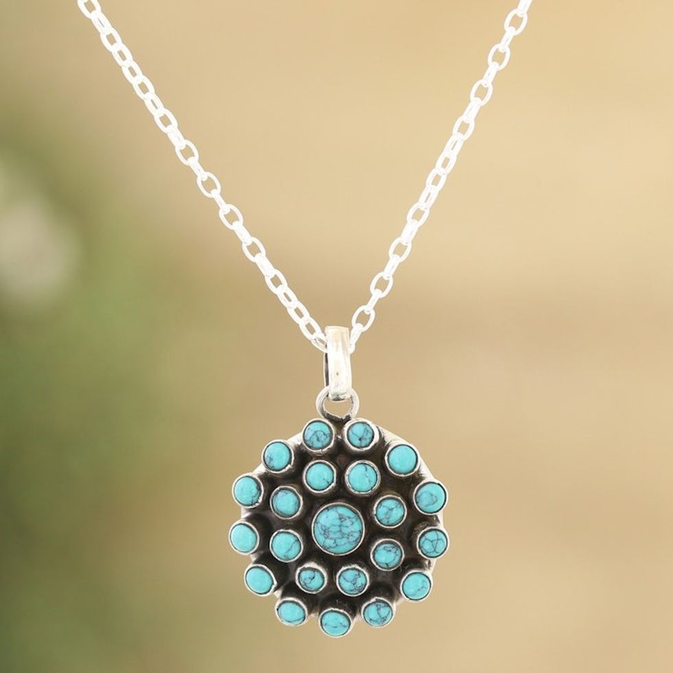Reconstituted Turquoise and Sterling Silver Pendant Necklace 'Floral Burst'