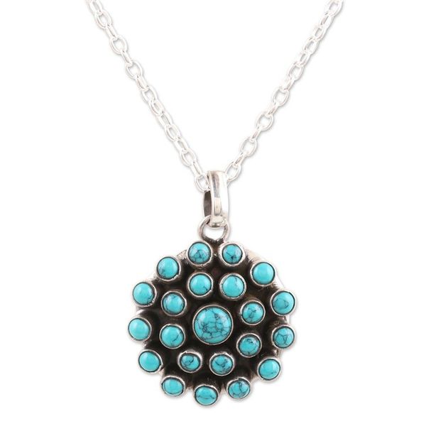 Alternate image for Reconstituted Turquoise and Sterling Silver Pendant Necklace Floral Burst