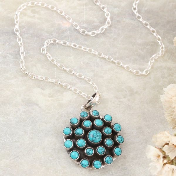 Alternate image for Reconstituted Turquoise and Sterling Silver Pendant Necklace Floral Burst