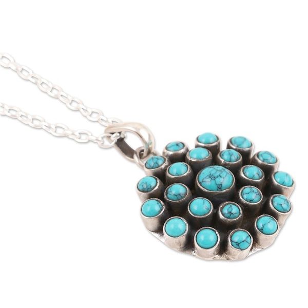 Alternate image for Reconstituted Turquoise and Sterling Silver Pendant Necklace Floral Burst