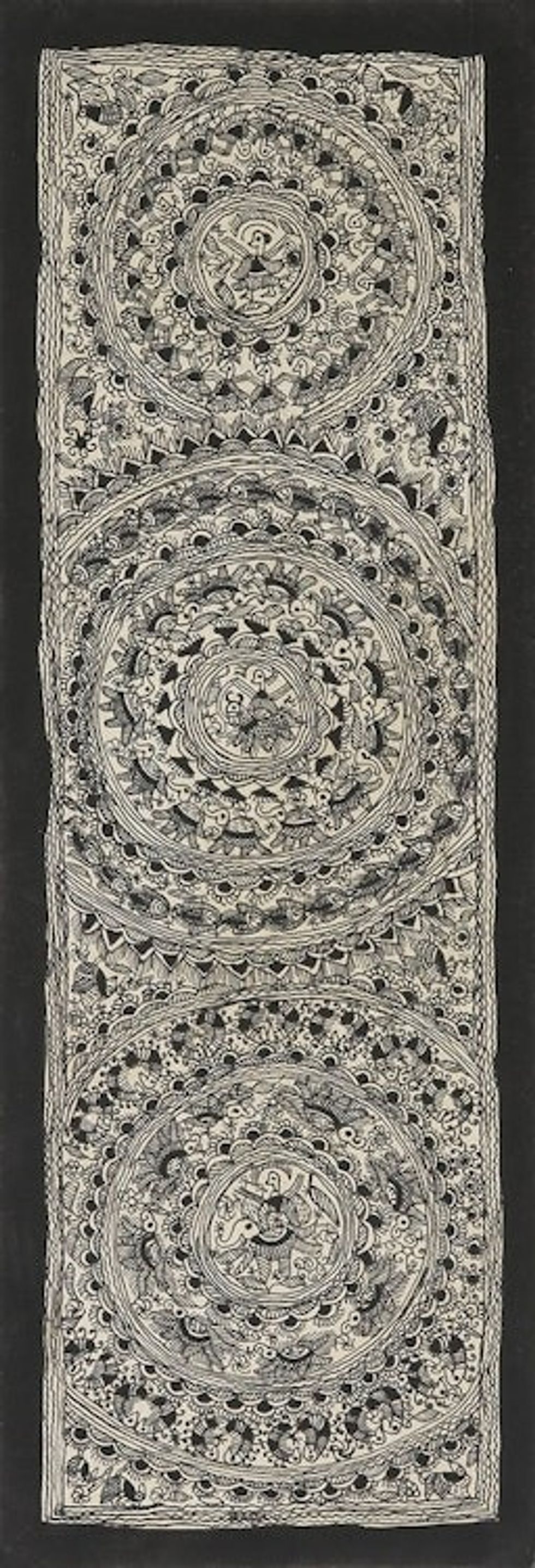 Signed Godna Madhubani Painting in Black and White 'Black Godna Unity'