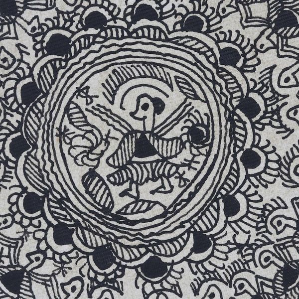Alternate image for Signed Godna Madhubani Painting in Black and White Black Godna Unity
