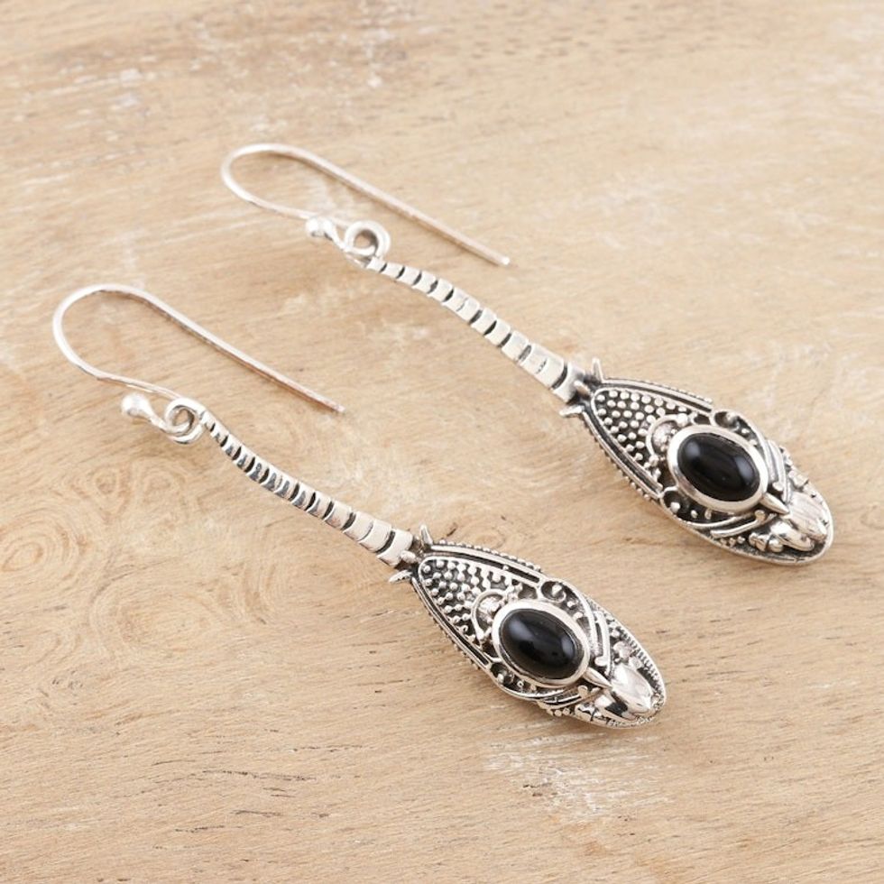 Handmade Sterling Silver and Onyx Drop Earrings 'Magical Snake'