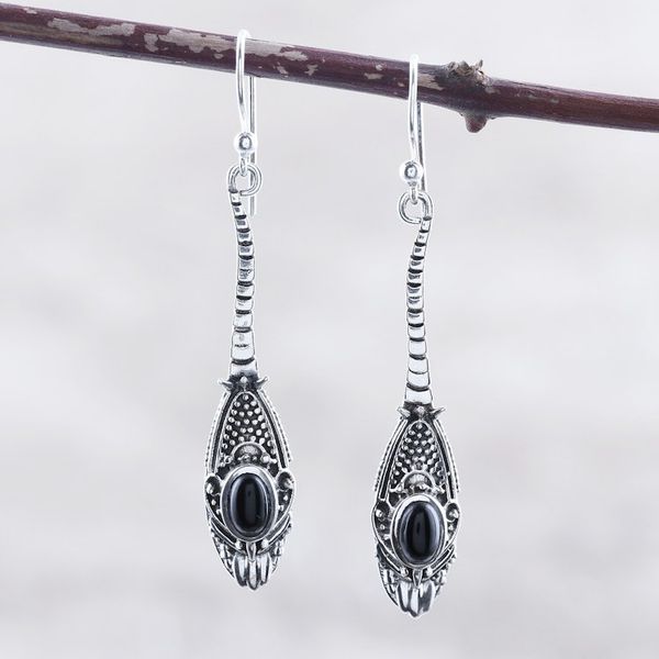 Alternate image for Handmade Sterling Silver and Onyx Drop Earrings Magical Snake