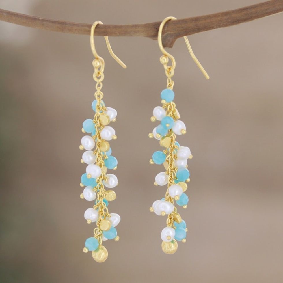 Hand Made Gold-Plated Cultured Pearl Dangle Earrings 'Berry Beautiful'