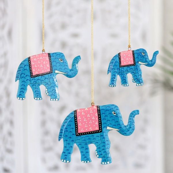 Alternate image for Hand-Painted Blue Elephant Wood Ornaments Set of 3 Festival Elephants in Blue