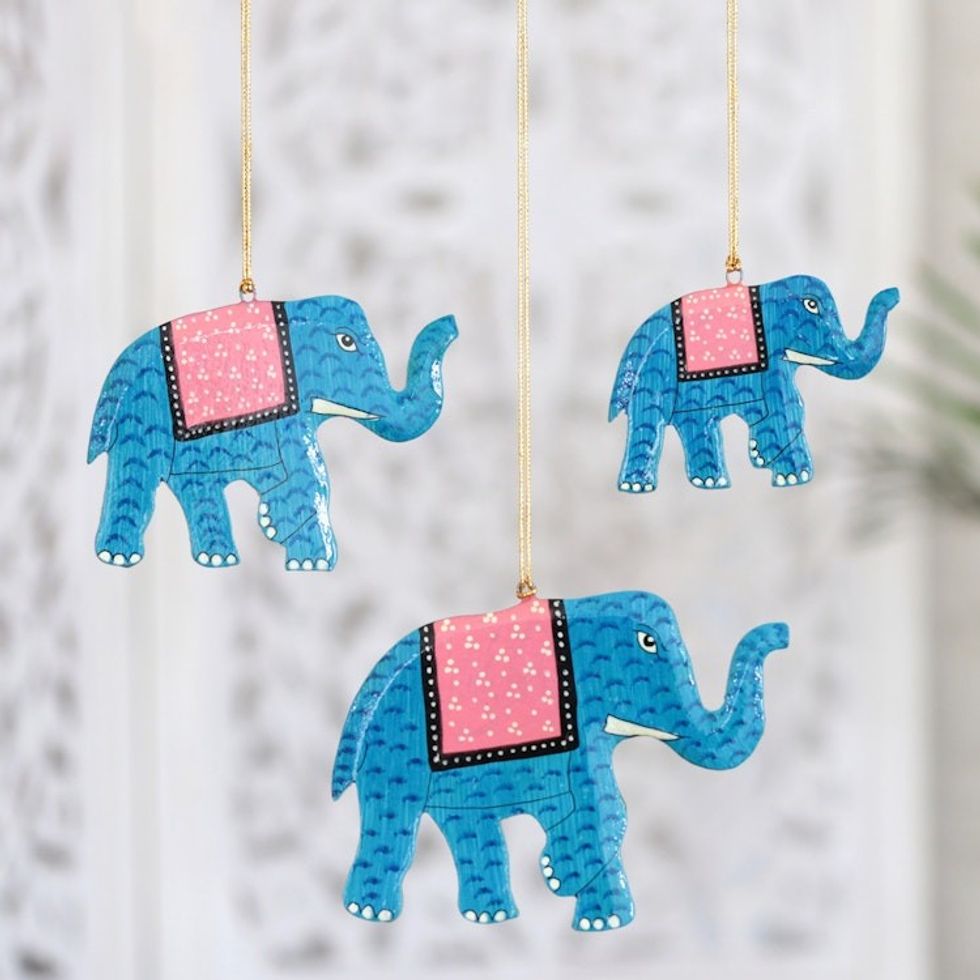 Hand-Painted Blue Elephant Wood Ornaments Set of 3 'Festival Elephants in Blue'