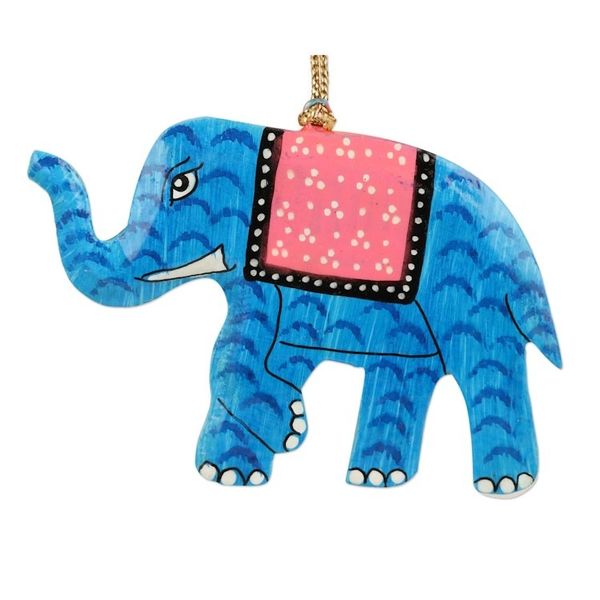 Alternate image for Hand-Painted Blue Elephant Wood Ornaments Set of 3 Festival Elephants in Blue