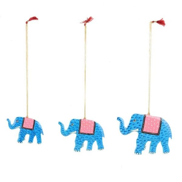Alternate image for Hand-Painted Blue Elephant Wood Ornaments Set of 3 Festival Elephants in Blue