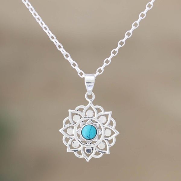 Alternate image for Indian Sterling Silver Pendant Necklace with Floral Motif Bounce Back