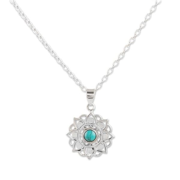 Alternate image for Indian Sterling Silver Pendant Necklace with Floral Motif Bounce Back